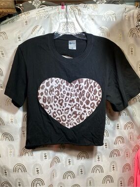 Up Cycled Black Crop Top with Leopard Heart Graphic